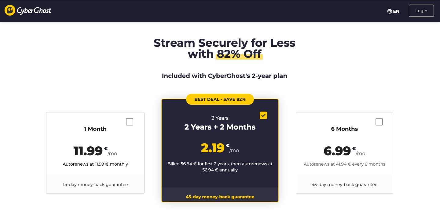 cyberghostvpn.com/buy 价格表：1 个月 11.99€/月，2 年 + 2 个月 2.19€/月（预付 56.94€，之后每年 56.94€），6 个月 6.99€/月