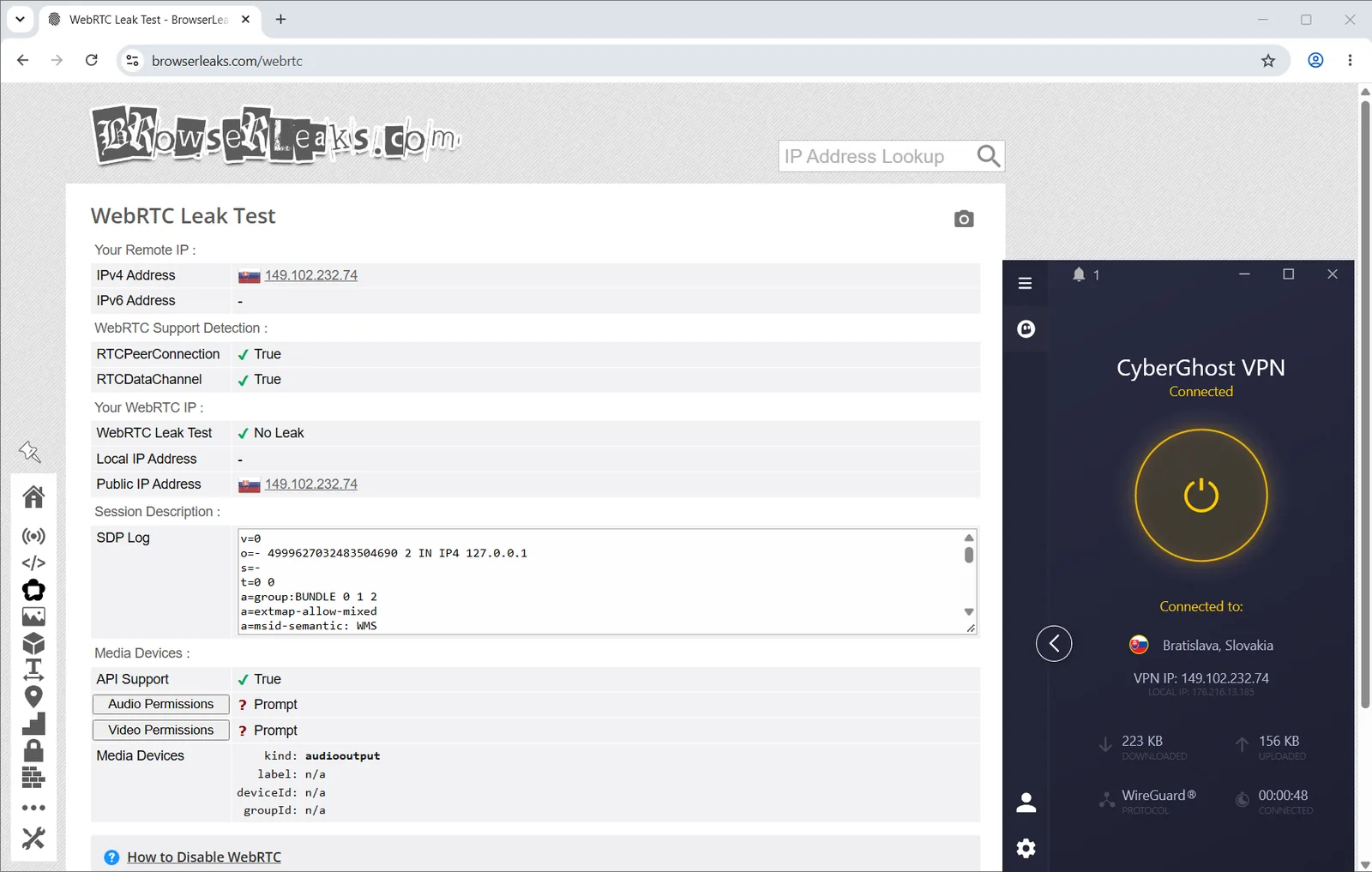 BrowserLeaks WebRTC test reporting 'No Leak' with CyberGhost connected; only the VPN-facing address is visible.